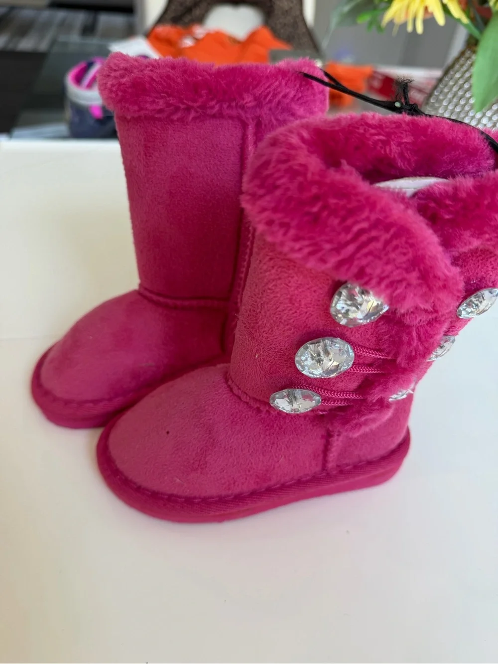 Kids Pink Faux Fur Button Booties with Jewel Accents